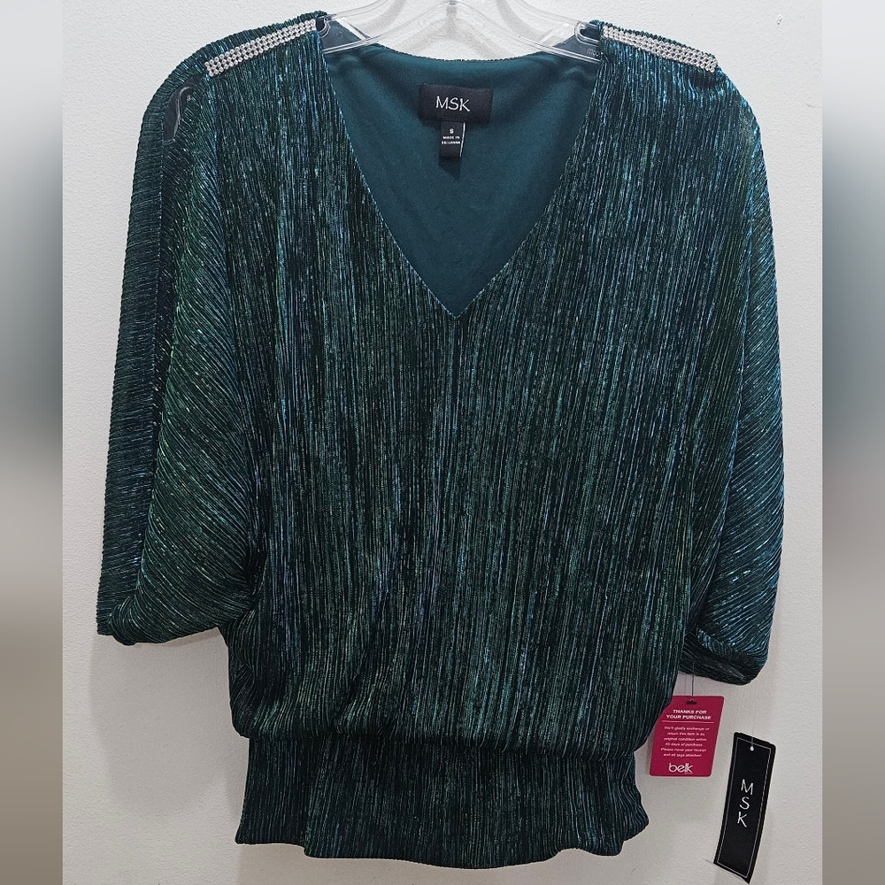 MSK Teal Green Metallic Shimmer Blouse Small Rhinestone Shoulder Pleated Dolman